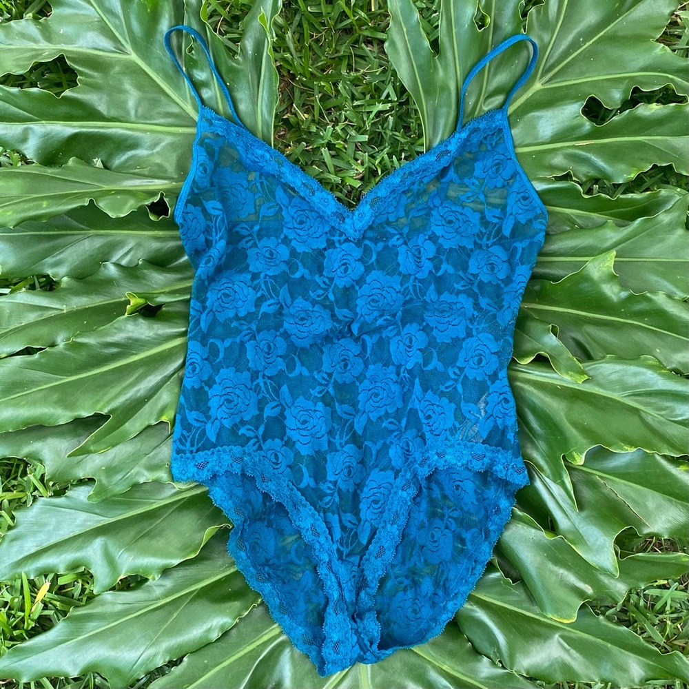 Teal blue stretch rose floral lace teddy
